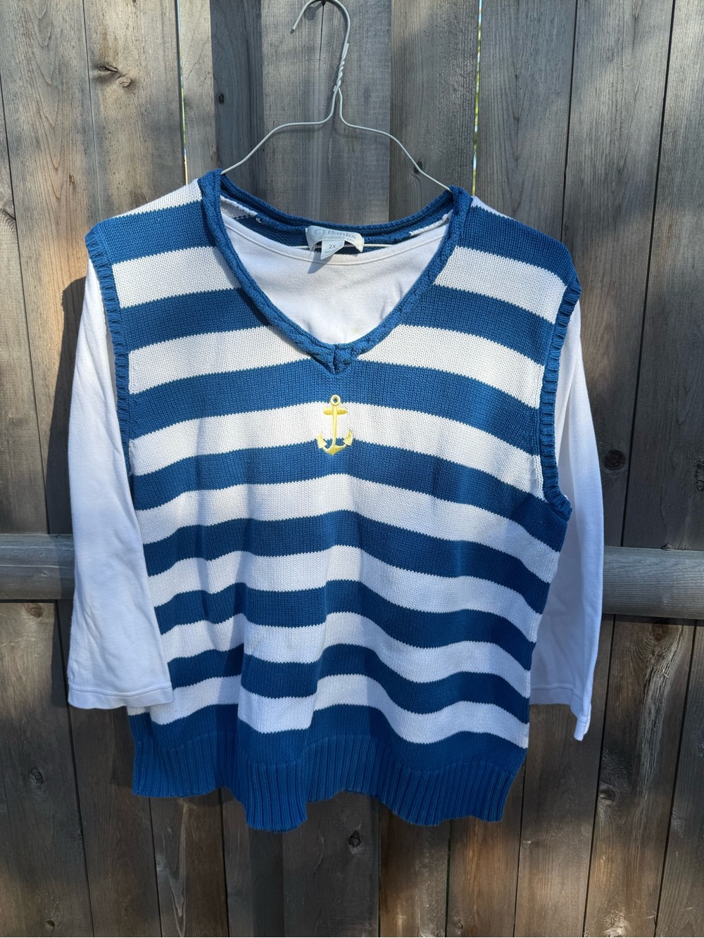 CJ Banks Blue & White Striped Knit Vest with Yellow Anchor